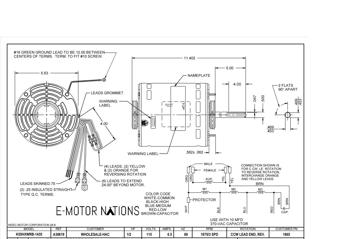 1865, Us Motors, 1/2 Hp, 1075/3 Spd, 115V,Fr:48Y, K055WRB1435012B,Odp,