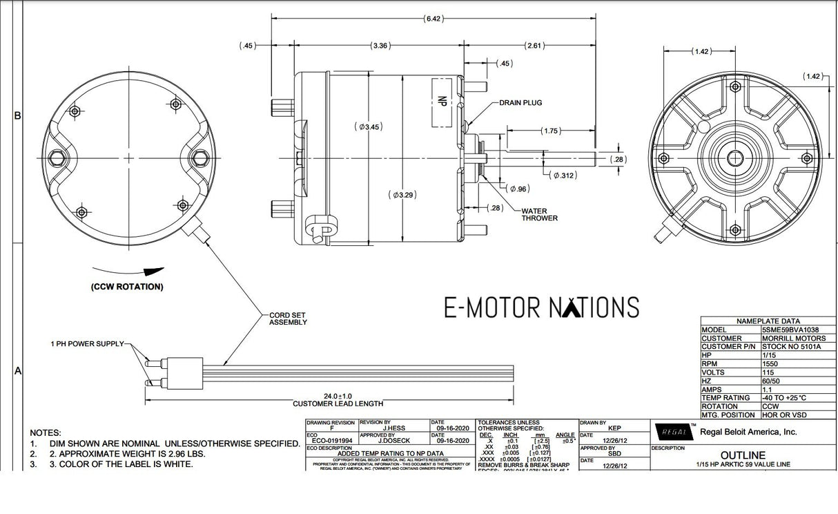 5101A, Morrill Motor, 5SME59BVA1038, 1/15 Hp,1550 Rpm, 115 Volts,TEAO,