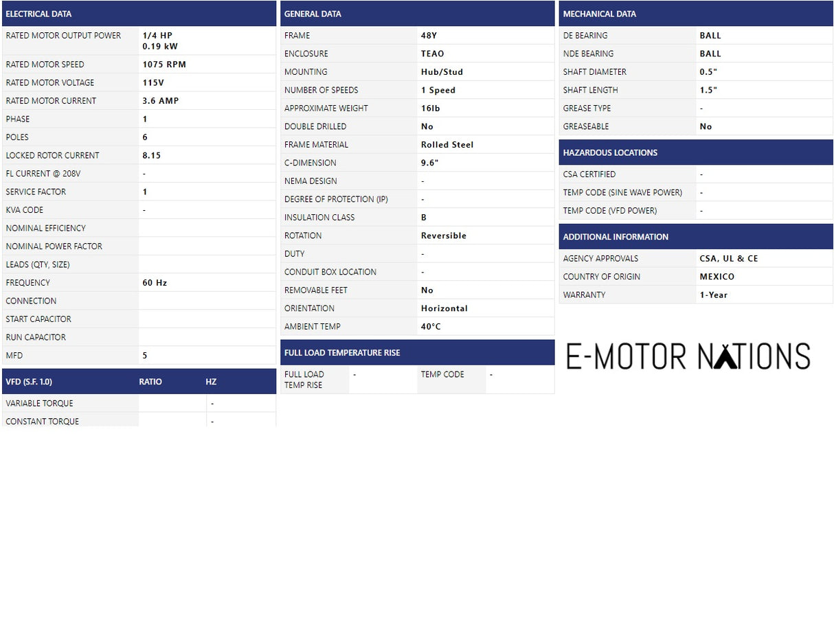 9035, Nidec, 1/4 Hp, 1200 Rpm, 115V, Fr:48,K055PSD1627012B, TEAO,