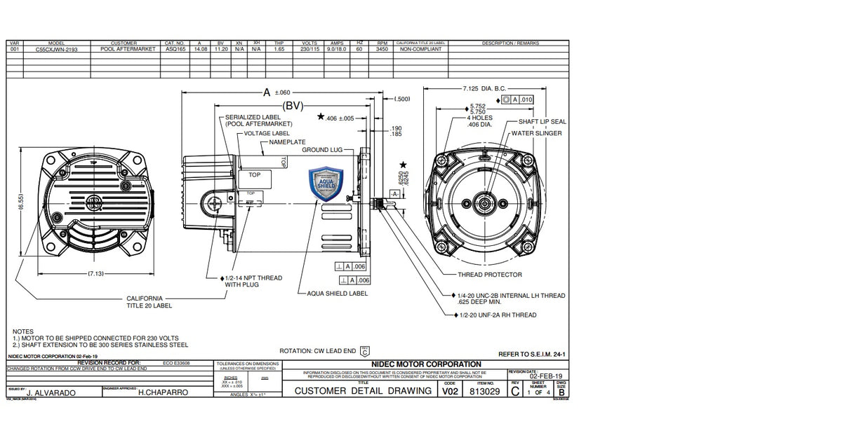 ASQ165, Nidec, 1.65 Hp, 3450 Rpm, 230/115V, Fr: 56J, C055JWN2193013J,