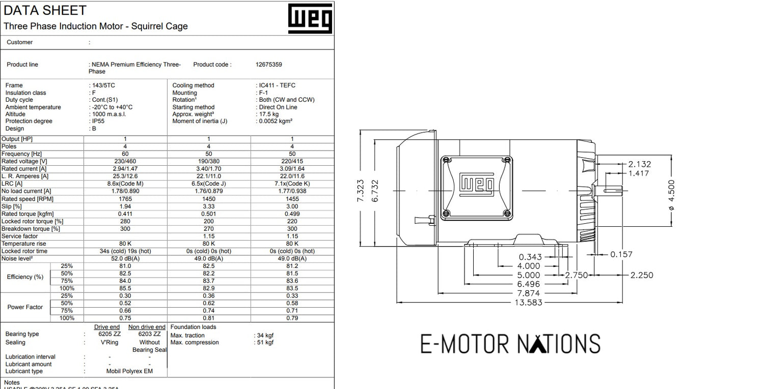 CT000404NPW01, Weg, 1 Hp, 208-230/460V, Fr: 143/5TC, TEfc, W01, 3Ph,