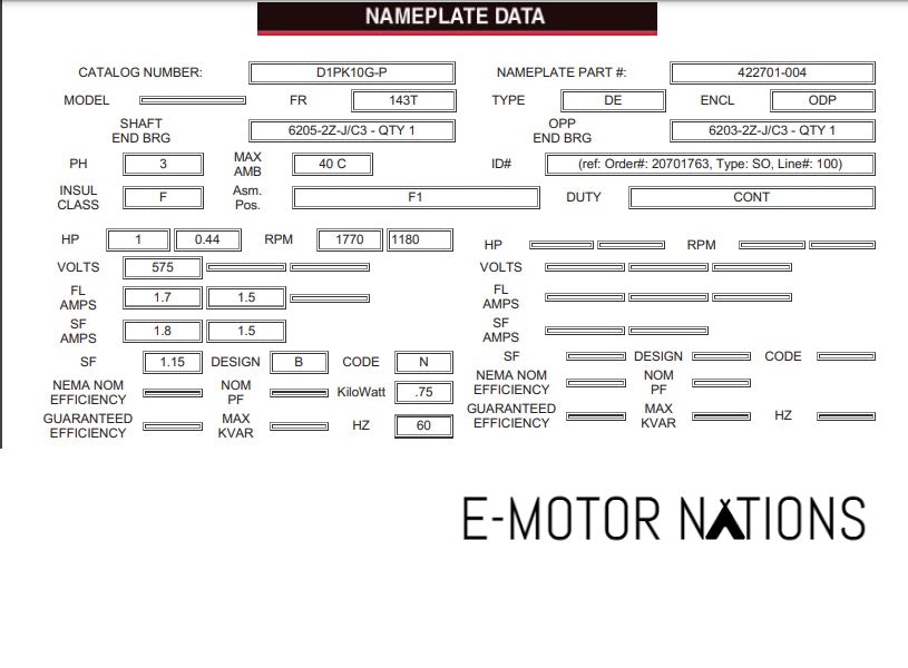 D1PK10G-P, Nidec, 1/0.44 Hp, 1745/1140 Rpm, 575V, 143/5T, Y450,2-2-VT,