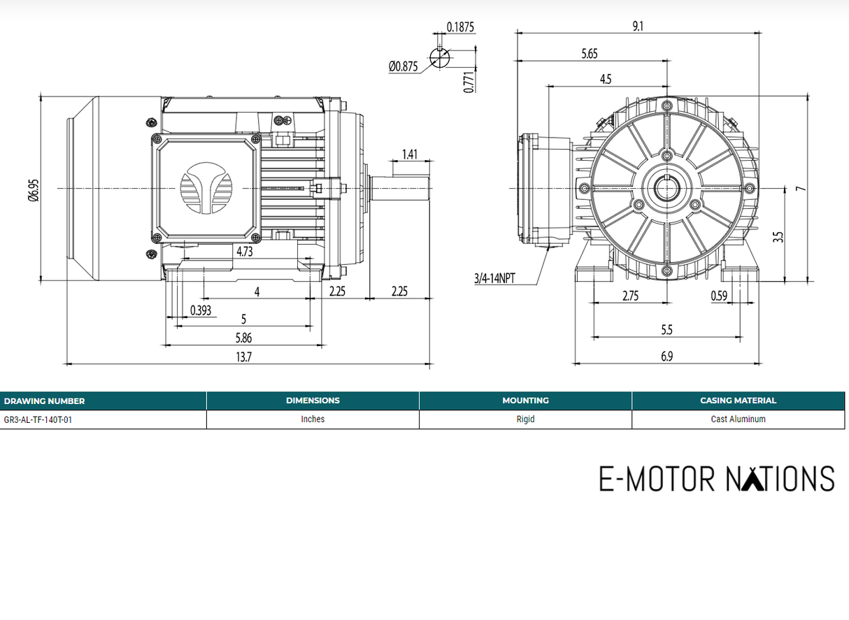 GRA0024F-01, 2 Hp, 1760 Rpm, 600V, Frame: 143/5T. Tefc, Premium,