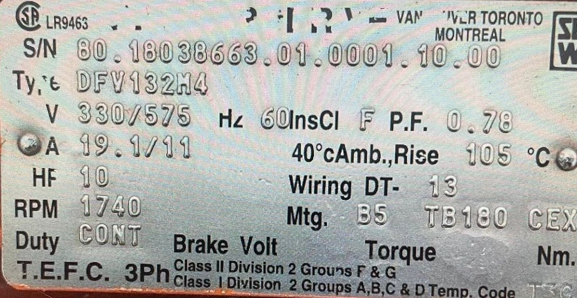 Sew, DFV132M4, 10 Hp, 1740 RPM,330/575V, EDRN132M4/FG/CICIID2/TF/RI,