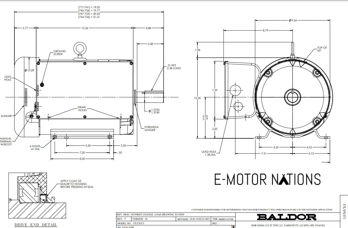 FDL3533TM, Baldor, 7.5 Hp, 1730 Rpm, 230V,37N371T879G1, Fr:213T, TEFC,