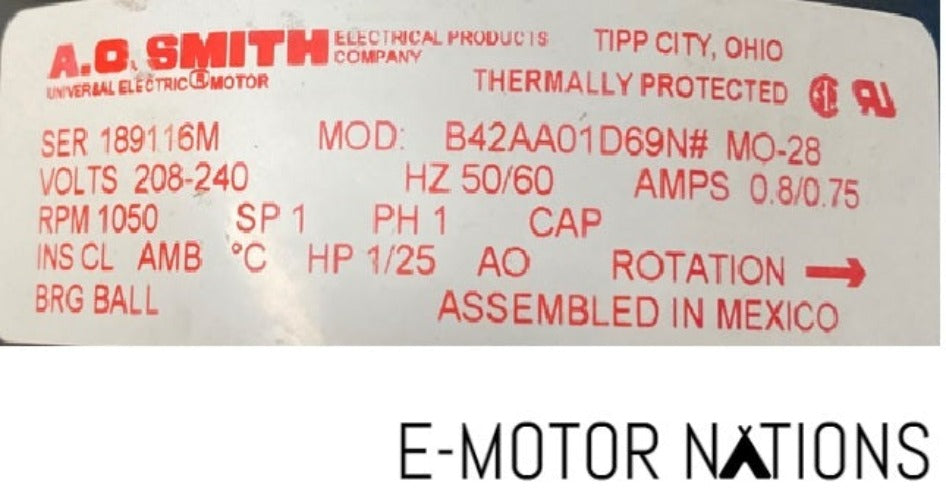B42AA01D69N,A.O Smith,1/25 Hp, 1050 Rpm, 208-230V, MO-28,5KW/10KW,VUH,