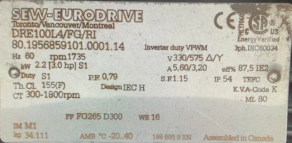 Sew Eurodrive, DRE100L4/FG/RI, 2.2Kw,300-1735 Rpm,575V,DRN100LM4/FG/R,
