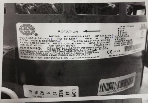 14B0004N04, 1/5-1/4 HP, 460V, 860/3 Spd, ClimateMaster,US Moto, K55HXPZS-1787,