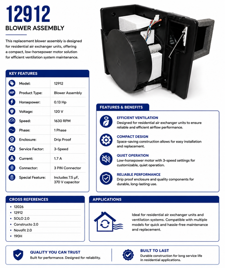 VENMAR, 12912, Solo2.0, Constructo 2.0, Novofit 2.0, 120V, BLOWER ASSEMBLY