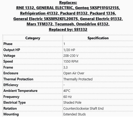 1332, Genteq, 1/20Hp, 1550 Rpm, 208-230 Volts, Frame:3.3, Open Air Over, - Electrical Motors - E-Motor Nations - electric motors - [product_tags]- motor electric - moteur électrique - moteurs - drive - replacement - venmar - hvac - méchoui - capacitor - condensateur - fan