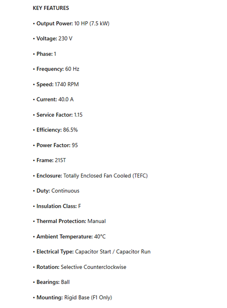 140414.00, Agricultural Motor, 10Hp, 1740 RPM, 230V, 1Ph, 60Hz, Frame 215T, TEFC, P215K17FB6H