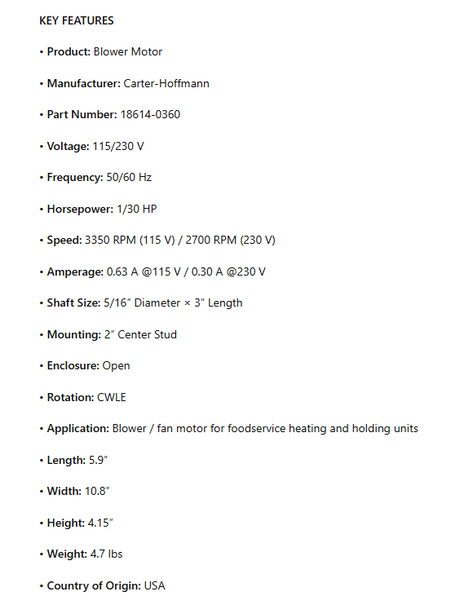 18614-0360 , OEM Blower Motor, 1/30Hp, 3350/2700RPM, 115/230V, 50-60Hz, CWLE, Open Enclosure