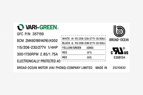 357159, 1/4Hp,300-1750 Rpm, 2.85/1.7/1.5A, 115/208-230/277V, ZWK601B514016, K00270013,
