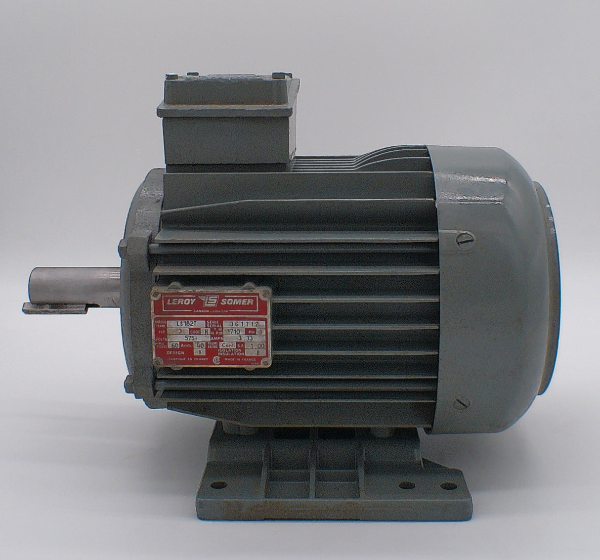 361712, Leroy Somer, 3 Hp, 1710 Rpm, 575 Volts, Frame: ls-182T, Tefc,