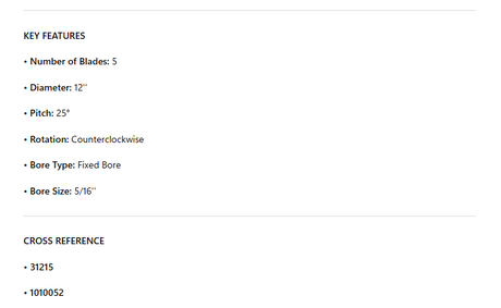 51225-CCW , Fan Blades, 5 Blades, 12'' Dia, 25 Degrée Pitch, Bore 5/16