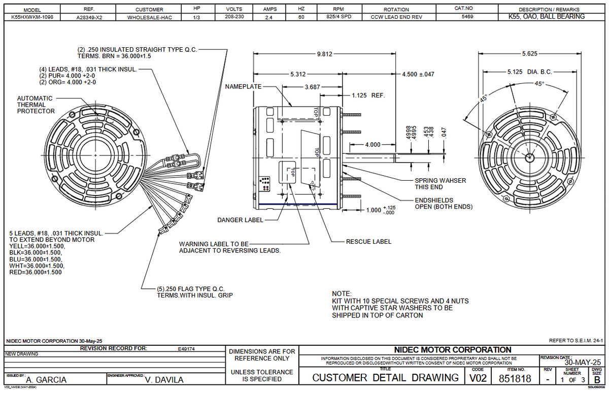 5469, 1/3Hp, 825 RPM, 208‑230 V, 1 Ph, 60 Hz, OPAO, Frame 48Y, K055WKM1098012B - Electric Motors - U.S. Motors - electric motors - [product_tags]- motor electric - moteur électrique - moteurs - drive - replacement - venmar - hvac - méchoui - capacitor - condensateur - fan