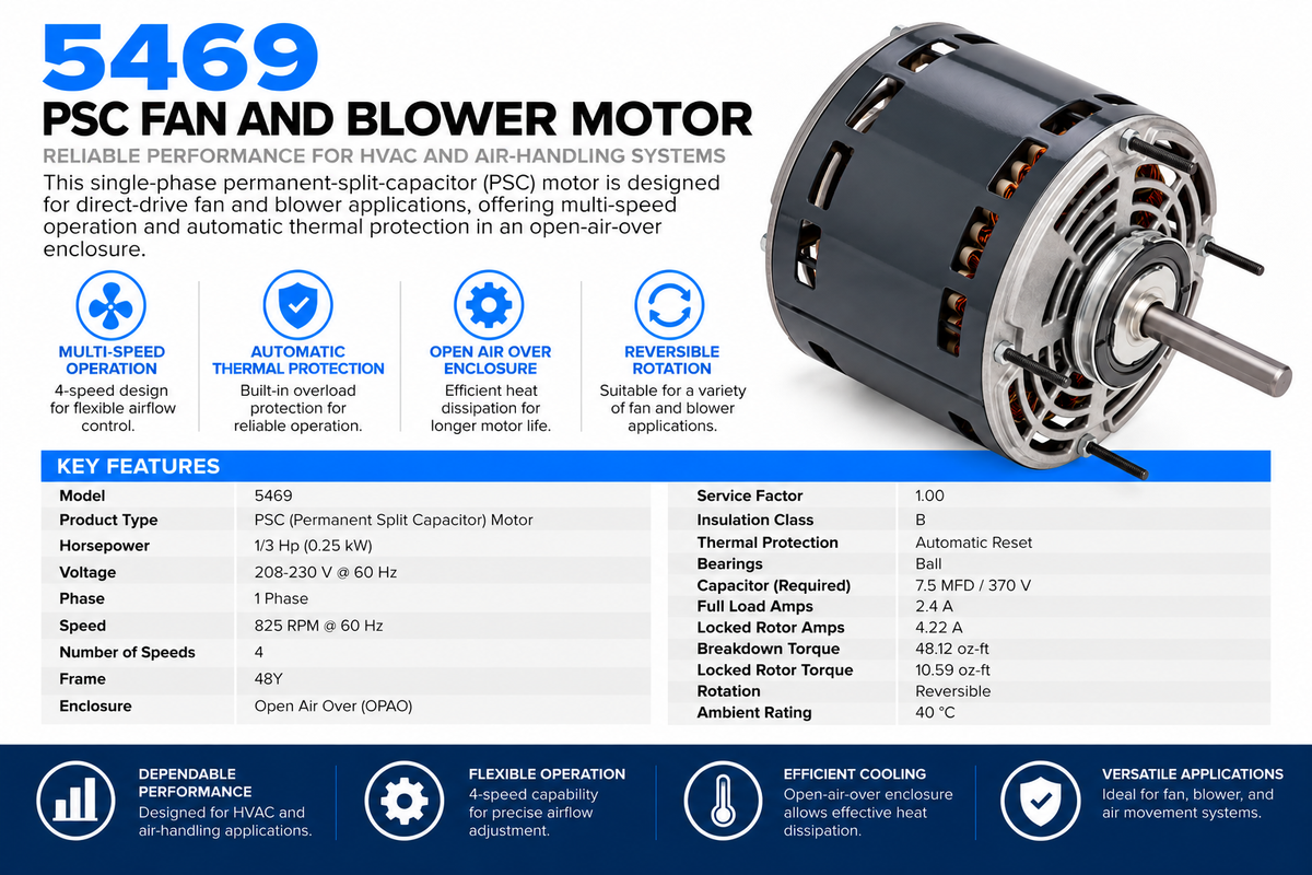 5469, 1/3Hp, 825 RPM, 208‑230 V, 1 Ph, 60 Hz, OPAO, Frame 48Y, K055WKM1098012B - Electric Motors - U.S. Motors - electric motors - [product_tags]- motor electric - moteur électrique - moteurs - drive - replacement - venmar - hvac - méchoui - capacitor - condensateur - fan