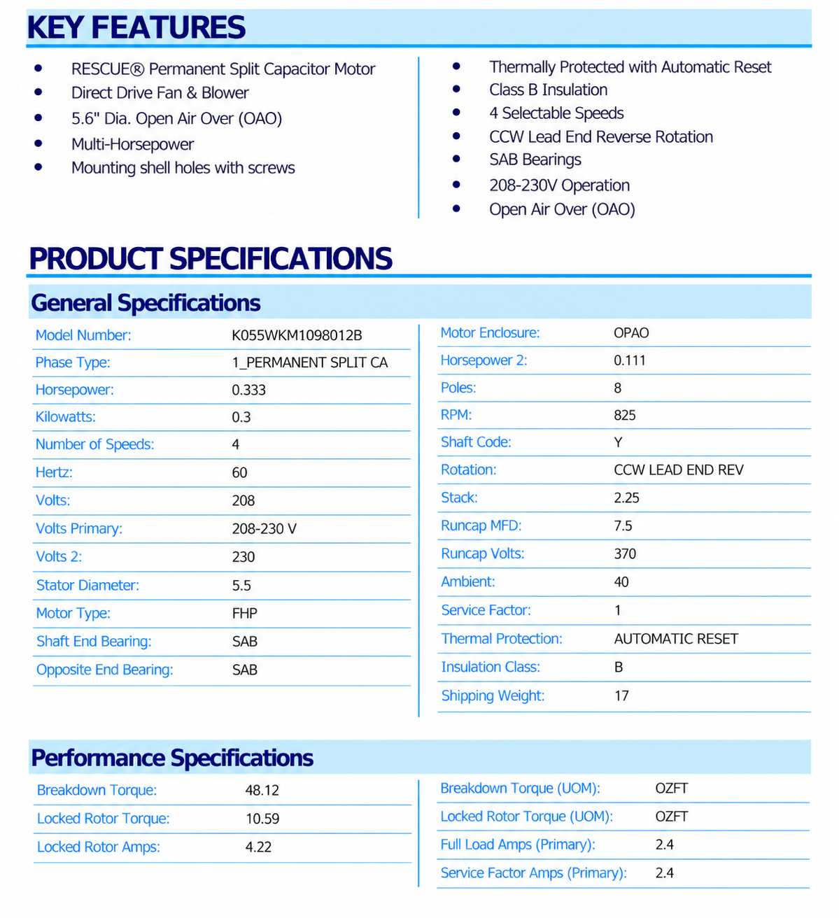 5469, 1/3Hp, 825 RPM, 208‑230 V, 1 Ph, 60 Hz, OPAO, Frame 48Y, K055WKM1098012B - Electric Motors - U.S. Motors - electric motors - [product_tags]- motor electric - moteur électrique - moteurs - drive - replacement - venmar - hvac - méchoui - capacitor - condensateur - fan
