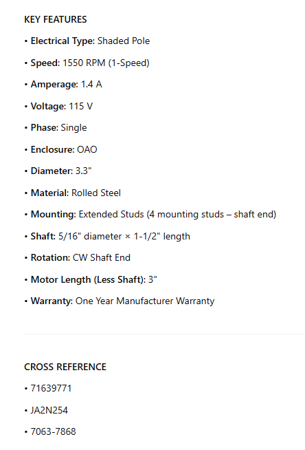 60024A, OEM Replacement, 1550 Rpm, 115 V, OAO, CWSE,  3.3" Dia. - Electrical Motors - E-Motor Nations - electric motors - [product_tags]- motor electric - moteur électrique - moteurs - drive - replacement - venmar - hvac - méchoui - capacitor - condensateur - fan