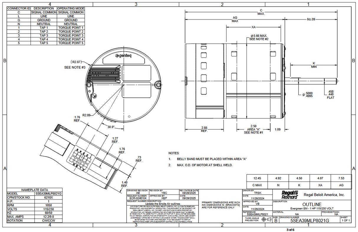 6210X, 1Hp, 1050 RPM, 115/208‑230 V, 1 Ph, 60/50 Hz, Open Air Over (OAO), Frame 48, 5SEA39MLP8021G