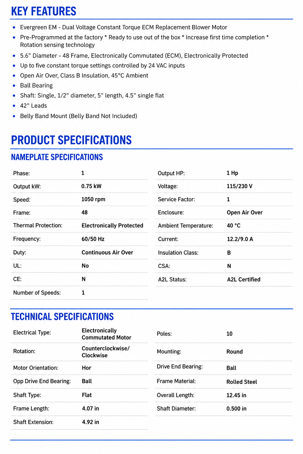 6210X, 1Hp, 1050 RPM, 115/208‑230 V, 1 Ph, 60/50 Hz, Open Air Over (OAO), Frame 48, 5SEA39MLP8021G