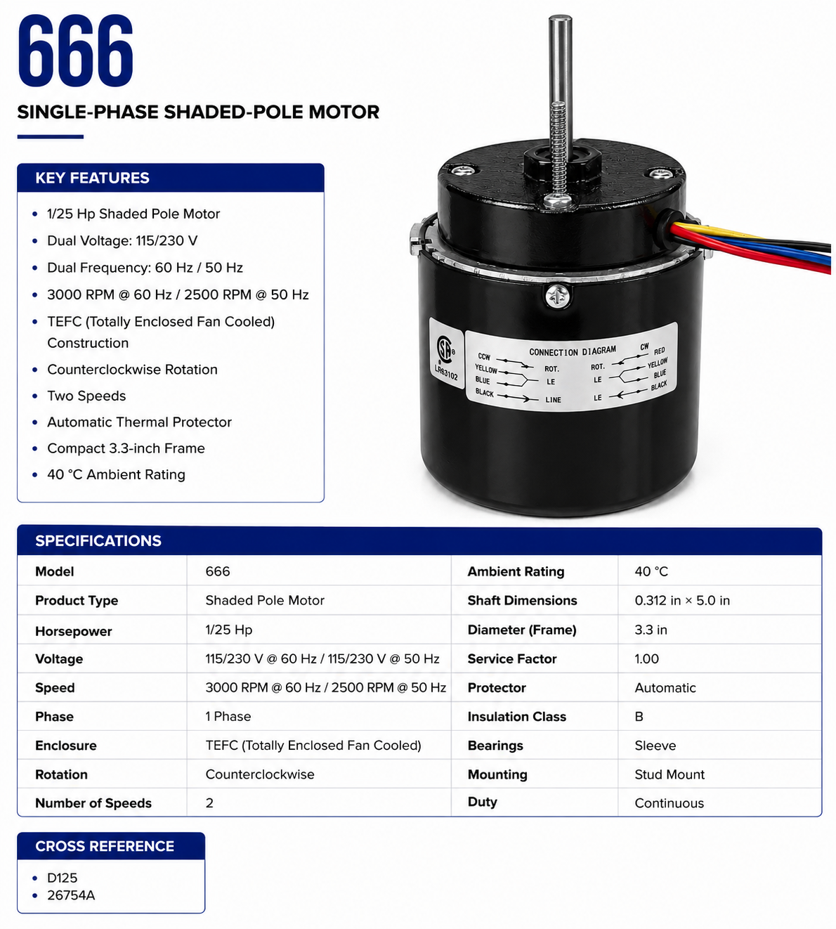 666, 1/25 Hp, 2500/3000 RPM, 115/230 V, 1 Ph, 50/60 Hz, TEFC, Frame 3.3"