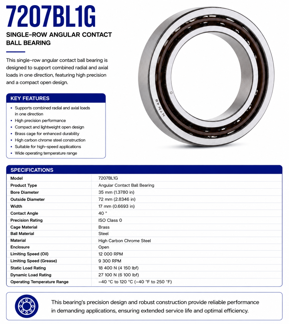 7207BL1G, Angular Contact Ball Bearing, 35 mm Bore, 72 mm OD, 17 mm Width
