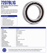 7207BL1G, Angular Contact Ball Bearing, 35 mm Bore, 72 mm OD, 17 mm Width