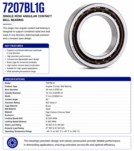 7207BL1G, Angular Contact Ball Bearing, 35 mm Bore, 72 mm OD, 17 mm Width