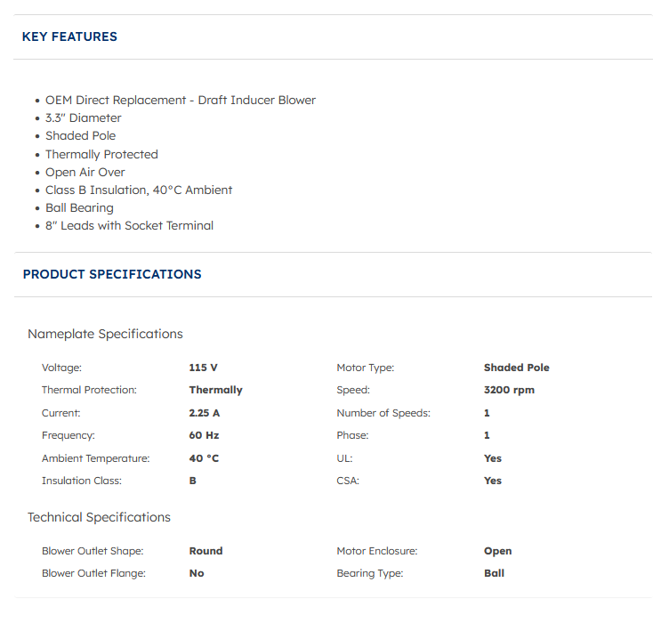A225, 702111874, OEM Replacement Draft Inducer Blower, 115 Volts, 3200 RPM, OAO, 3,3'' DIAMETER