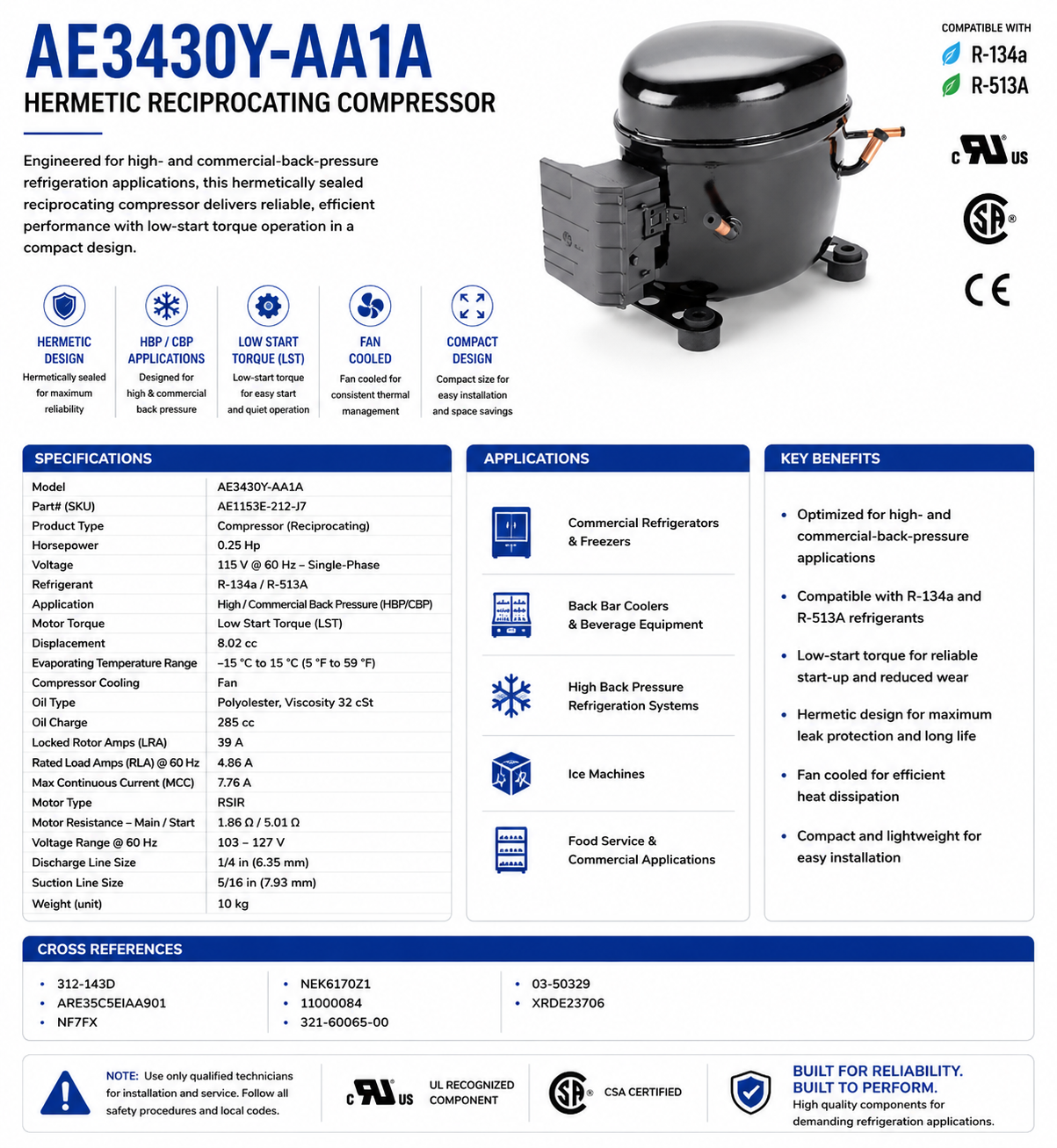 AE3430Y‑AA1A, Reciprocating Compressor, 0.25 Hp, 115 V, 1 Ph, 60 Hz, AE1153E-212-J7