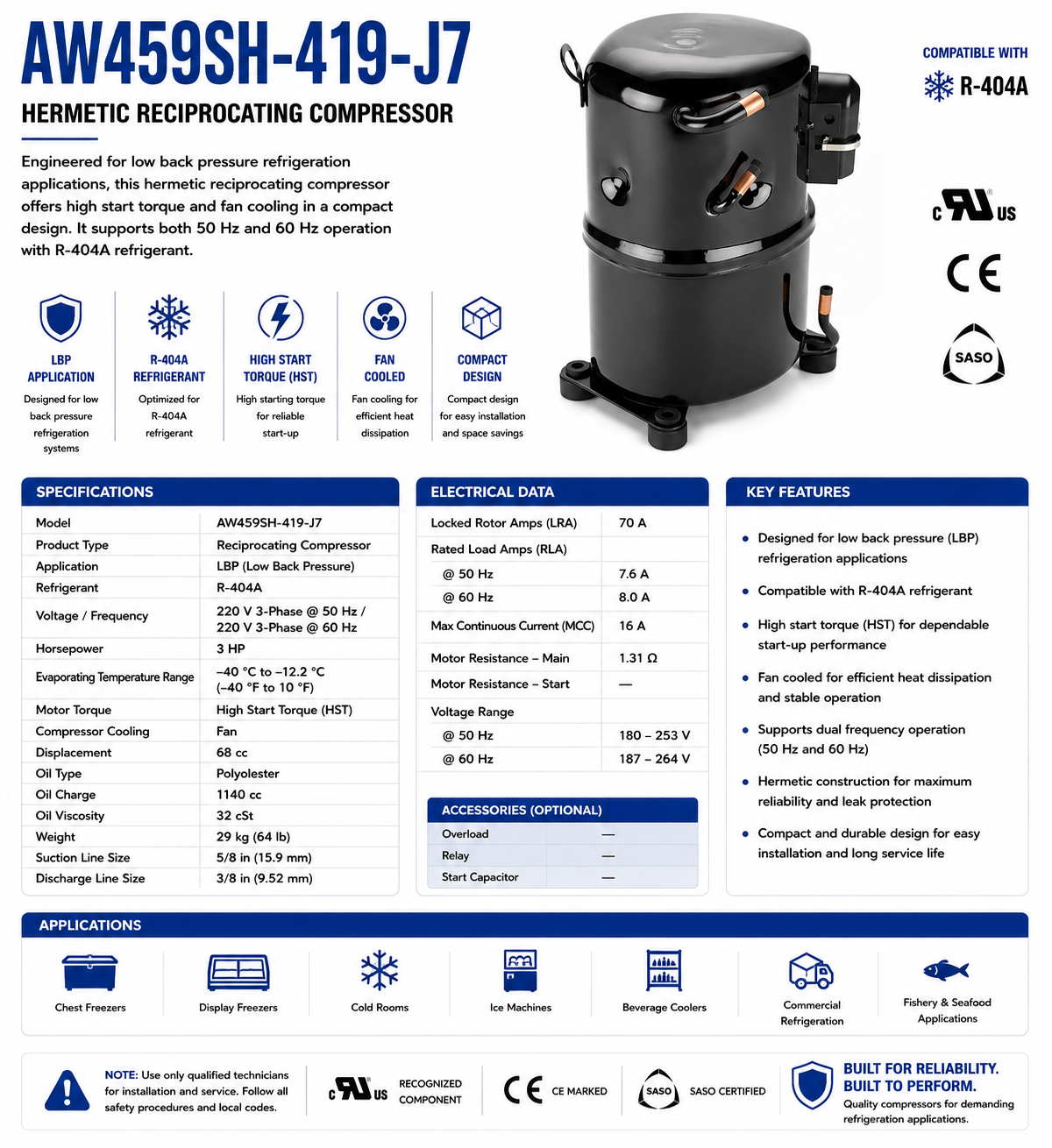 AW459SH‑419‑J7, Reciprocating Compressor, 3 HP, 220 V 3‑Phase @ 50/60 Hz, R‑404A, AW Series, AWS2512ZKZ
