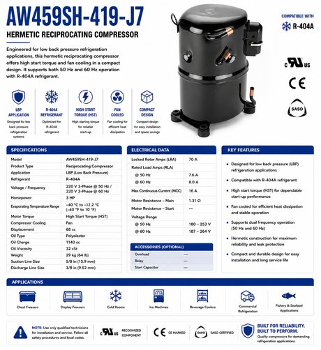 AW459SH‑419‑J7, Reciprocating Compressor, 3 HP, 220 V 3‑Phase @ 50/60 Hz, R‑404A, AW Series, AWS2512ZKZ