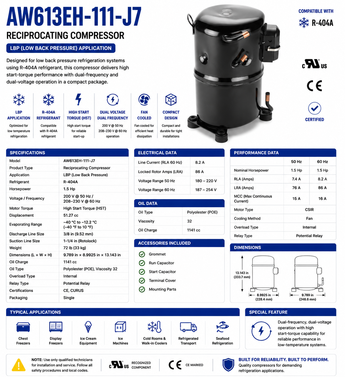 AW613EH-111-J7, Reciprocating Compressor, 1.5 Hp, 208‑230 V @ 60 Hz / 200 V @ 50 Hz, 1 Ph, AWA2460ZXD