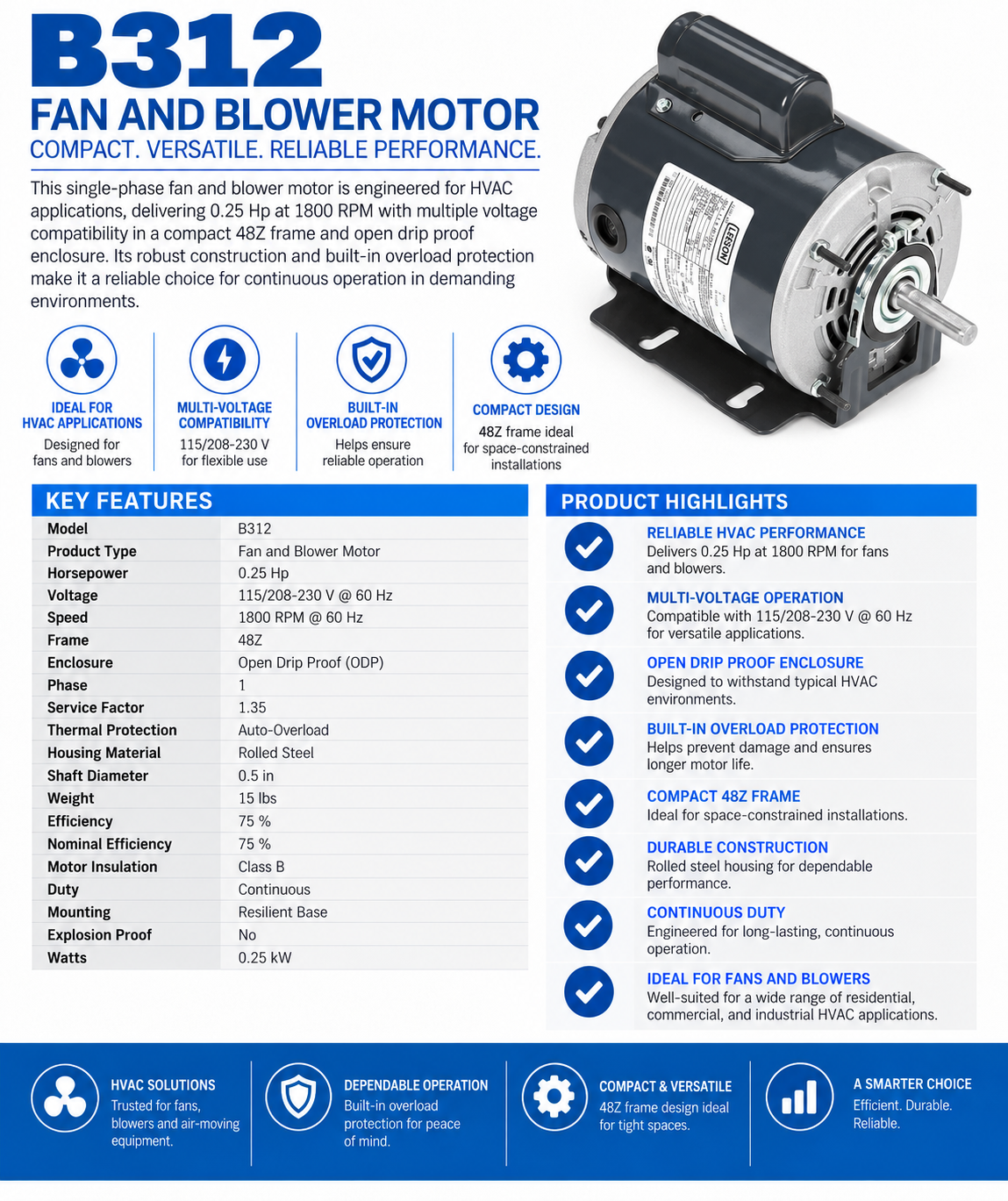 B312, 0.25Hp, 1800 RPM, 115/208‑230 V, 1 Ph, 60 Hz, ODP, Frame 48Z, 048C17D2041