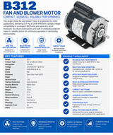 B312, 0.25Hp, 1800 RPM, 115/208‑230 V, 1 Ph, 60 Hz, ODP, Frame 48Z, 048C17D2041