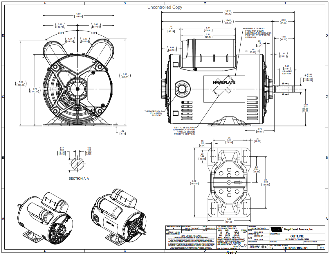 C182A, 1 Hp, 1725 RPM, 115/208‑230 V, 1 Ph, 60 Hz, Open Drip Proof, Frame 56, 056B17DRR70017A1