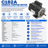 C182A, 1 Hp, 1725 RPM, 115/208‑230 V, 1 Ph, 60 Hz, Open Drip Proof, Frame 56, 056B17DRR70017A1