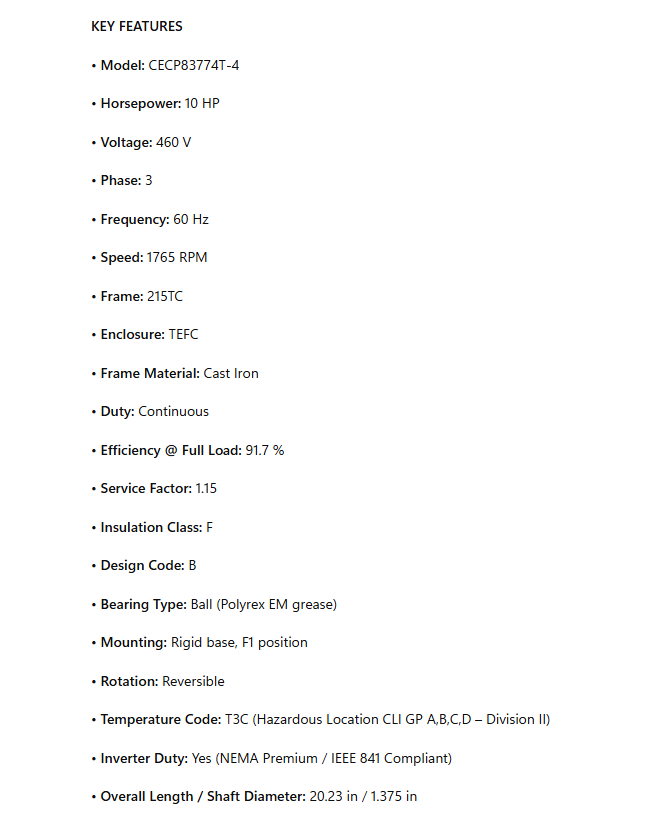 CECP83774T-4, 10Hp, 1760RPM, 460V, 3PH, 60HZ, Frame 215TC, 0748M, TEFC, F - Electrical Motors - BALDOR - electric motors - [product_tags]- motor electric - moteur électrique - moteurs - drive - replacement - venmar - hvac - méchoui - capacitor - condensateur - fan