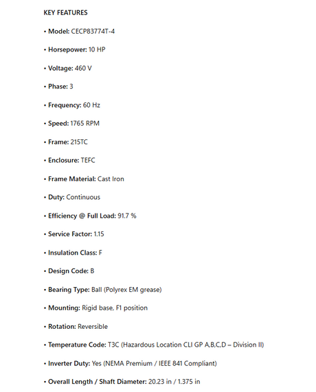 CECP83774T-4, 10Hp, 1760RPM, 460V, 3PH, 60HZ, Frame 215TC, 0748M, TEFC, F - Electrical Motors - BALDOR - electric motors - [product_tags]- motor electric - moteur électrique - moteurs - drive - replacement - venmar - hvac - méchoui - capacitor - condensateur - fan