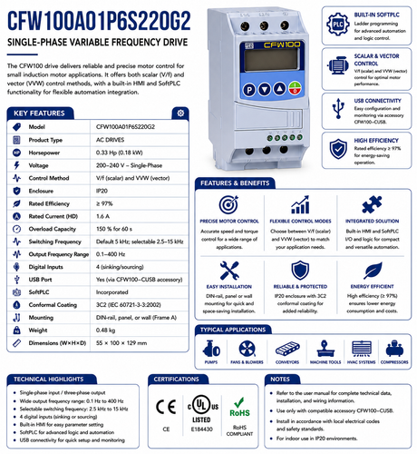CFW100A01P6S220G2, 0.33 Hp, 0.18 kW, 200‑240 V, 1 Ph, IP20, Frame A, Variable Frequency Drive