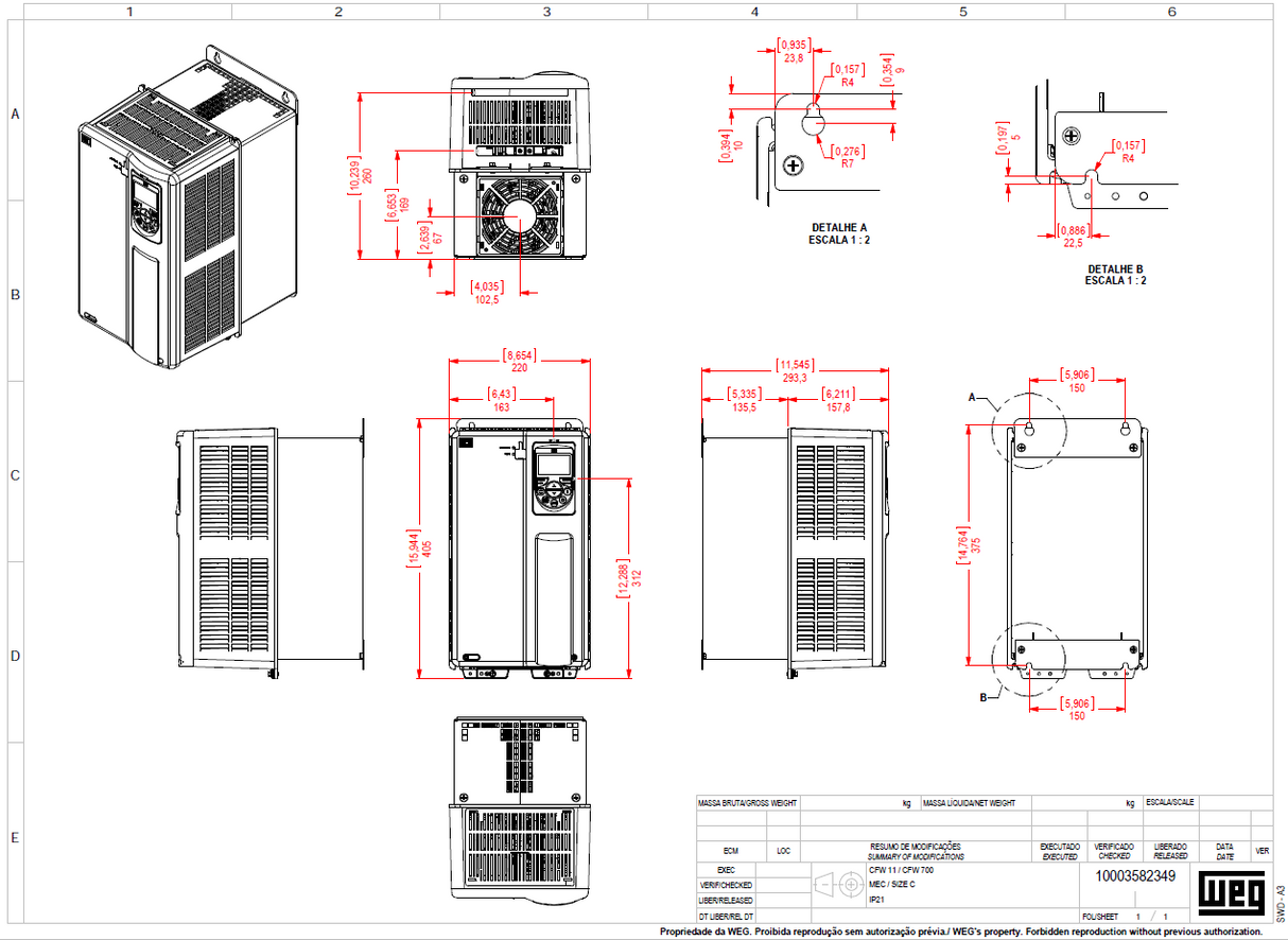 CFW110022T5ONFZ, 22 A (ND) / 19 A (HD), 500‑600 V, 3‑Phase, IP21, CFW11 Series