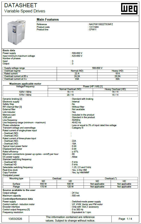 CFW110022T5ONFZ, 22 A (ND) / 19 A (HD), 500‑600 V, 3‑Phase, IP21, CFW11 Series