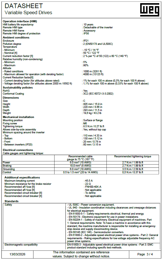 CFW110022T5ONFZ, 22 A (ND) / 19 A (HD), 500‑600 V, 3‑Phase, IP21, CFW11 Series
