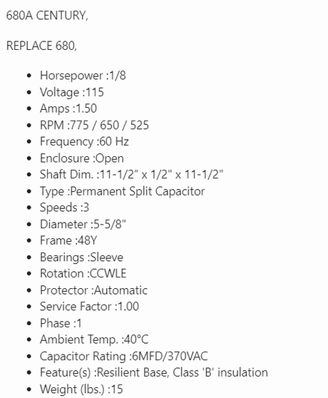 680A, 680, Century, ao smith, 1/8 hp, 775/3Sspd, 115v, dbl shaft, frame 48Y, hvac motor - HVAC ELECTRIC MOTOR - CENTURY - electric motors - [product_tags]- motor electric - moteur électrique - moteurs - drive - replacement - venmar - hvac - méchoui - capacitor - condensateur - fan