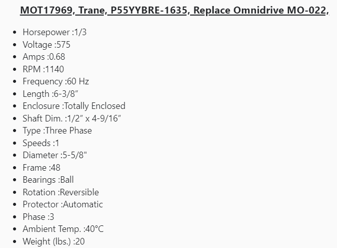 MOT17969, Trane, 1/3Hp, 1140 Rpm, 575 Volts, 3 Phases, TENV, Fr:48Y, - HVAC ELECTRIC MOTOR - E-Motor Nations - electric motors - [product_tags]- motor electric - moteur électrique - moteurs - drive - replacement - venmar - hvac - méchoui - capacitor - condensateur - fan