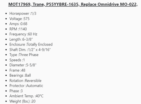 MOT17969, Trane, 1/3Hp, 1140 Rpm, 575 Volts, 3 Phases, TENV, Fr:48Y, - HVAC ELECTRIC MOTOR - E-Motor Nations - electric motors - [product_tags]- motor electric - moteur électrique - moteurs - drive - replacement - venmar - hvac - méchoui - capacitor - condensateur - fan