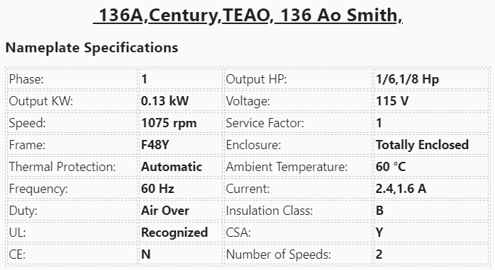 136A,Century,1/6-1/8Hp,1075Rpm, 115 Volts, 2 Speed, TEAO, Frame:48, Ball, - HVAC ELECTRIC MOTOR - E-Motor Nations - electric motors - [product_tags]- motor electric - moteur électrique - moteurs - drive - replacement - venmar - hvac - méchoui - capacitor - condensateur - fan