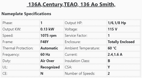 136A,Century,1/6-1/8Hp,1075Rpm, 115 Volts, 2 Speed, TEAO, Frame:48, Ball, - HVAC ELECTRIC MOTOR - E-Motor Nations - electric motors - [product_tags]- motor electric - moteur électrique - moteurs - drive - replacement - venmar - hvac - méchoui - capacitor - condensateur - fan