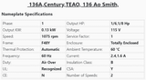 136A,Century,1/6-1/8Hp,1075Rpm, 115 Volts, 2 Speed, TEAO, Frame:48, Ball, - HVAC ELECTRIC MOTOR - E-Motor Nations - electric motors - [product_tags]- motor electric - moteur électrique - moteurs - drive - replacement - venmar - hvac - méchoui - capacitor - condensateur - fan